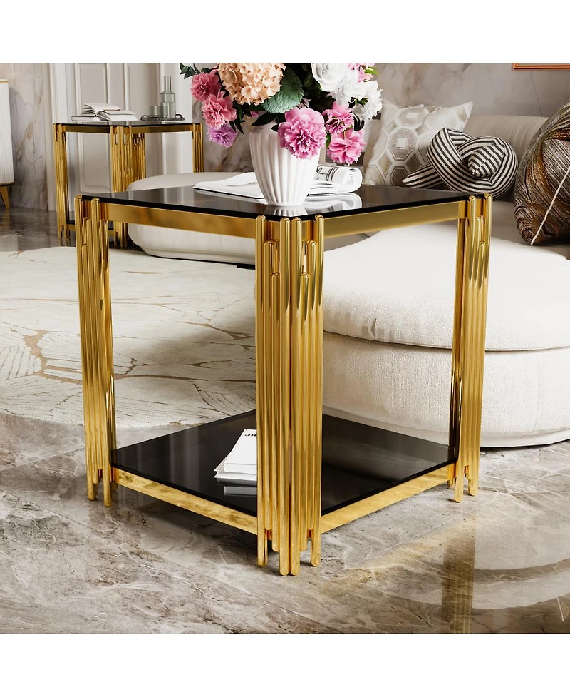Streamdale Furniture Modern Black Mirror End Table with Gold Finish & Lower Shelf, 19.9