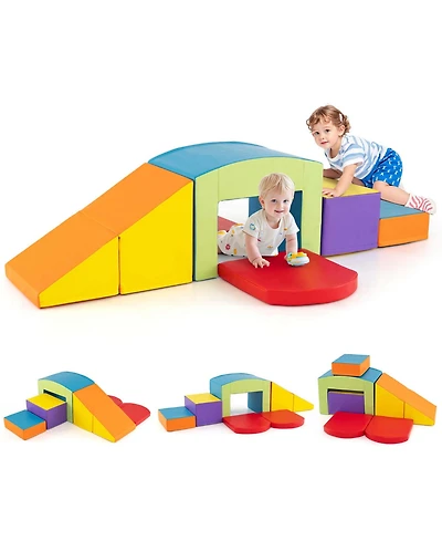 Costway 6 Pcs Multi-color Climb and Crawl Activity Playset with Tunnel Slide Stairs & Ramp