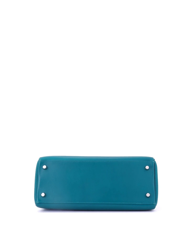 Pre-Owned HERMES Kelly 28 Handbag Blue Tadelakt with Palladium Hardware