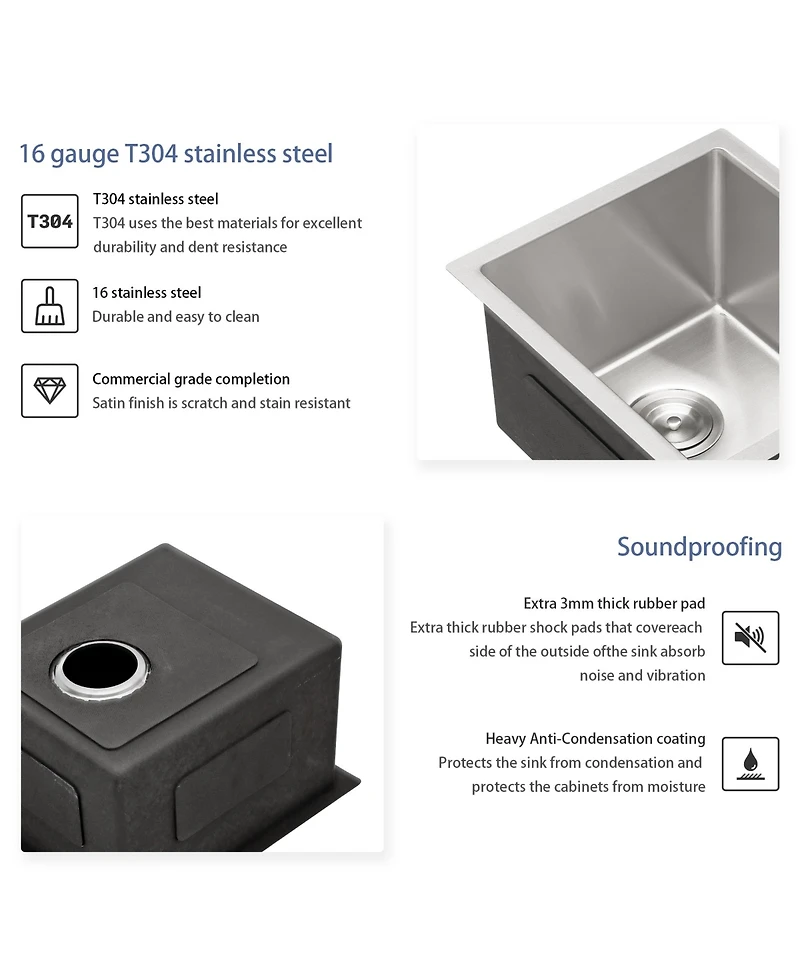 flynama 15x17x9 Inch Undermount Stainless Steel Kitchen Sink 16 Gauge 304 Single Bowl With Drain Assembly