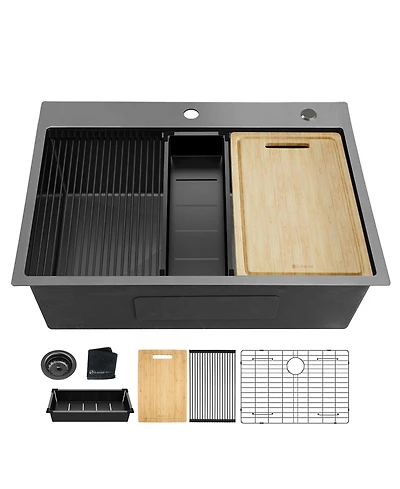 flynama Gunmetal Kitchen Sink Topmount Workstation Stainless Steel Single Bowl