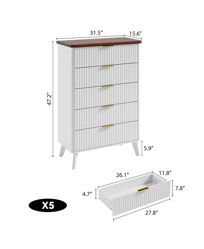 gaomon Fluted Dresser for Bedroom, 5 Deep Drawer Modern Wood Storage Chest, White