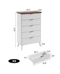 gaomon Fluted Dresser for Bedroom, 5 Deep Drawer Modern Wood Storage Chest, White