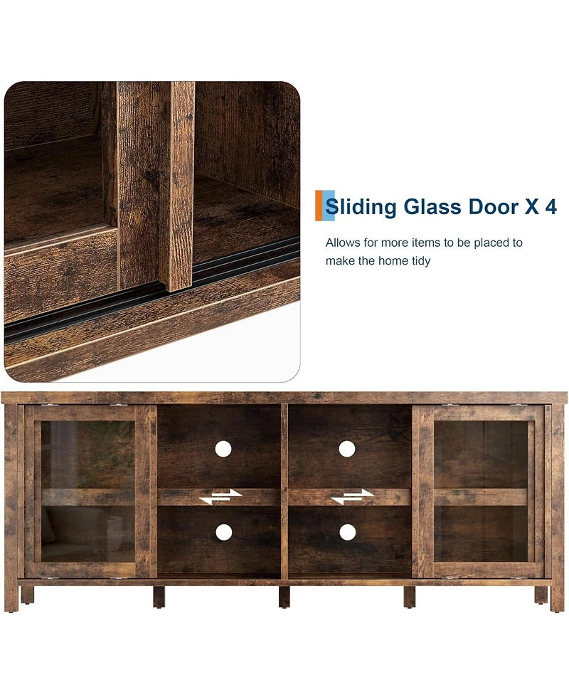 gaomon Tv Stand for 65 Inch Tv, Mid-Century Modern Entertainment Center with Sliding Glass Doors, Brown