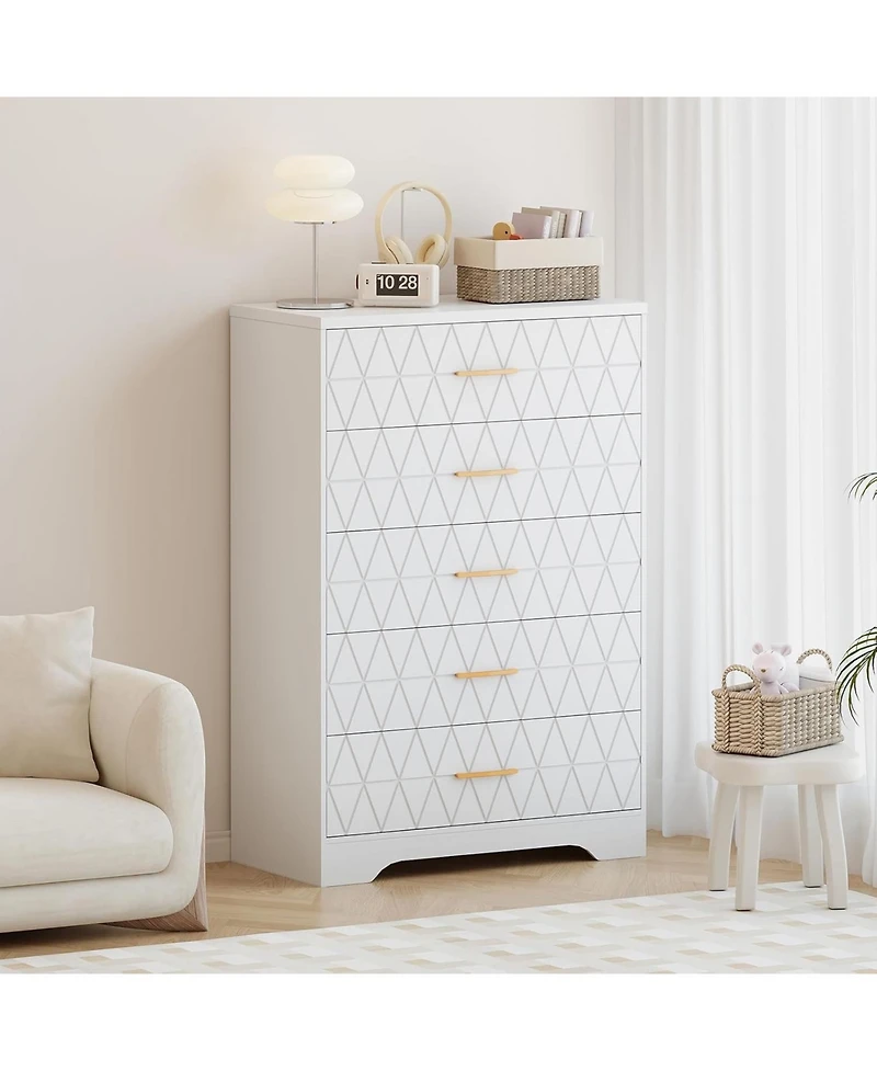 gaomon 5-Drawer Tall Dresser for Bedroom, Wooden Chest of Drawers with Gold Handles for Closet Storage, White