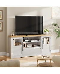 gaomon 72" Farmhouse Tv Stand, Entertainment Center with Wave Pattern, Glass Door Cabinets and Open Storage, White