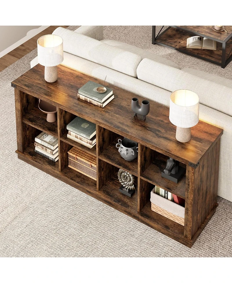 gaomon 8 Cube Storage Organizer Bookshelf, 62" Long 3-Tier Farmhouse Bookcase for Entryway or Living Room, Brown