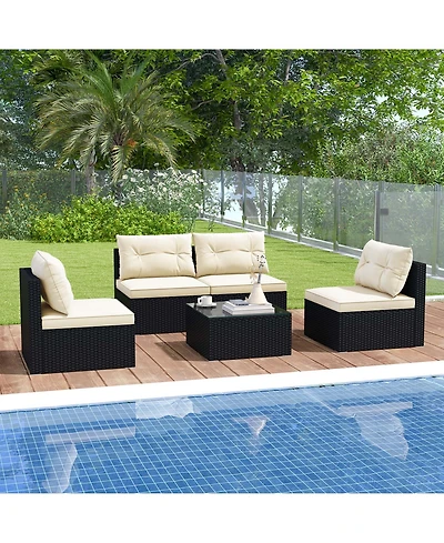 Costway 5 Pieces Outdoor Furniture Set with Seat & Back Cushions Tempered Glass Tabletop