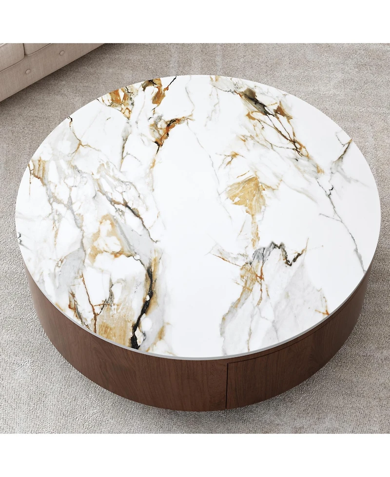 Streamdale Furniture Round Wood Coffee Table with Faux Marble Tabletop