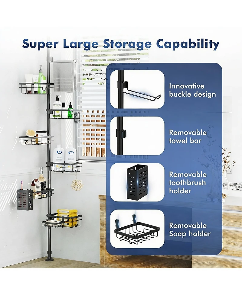 Adjustable Shower Caddy with 6 Baskets, Towel Rack, Toothbrush Case