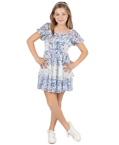 Rare Editions Girls' 7-16 Mixed Print Ruched Puff-Sleeve Dress