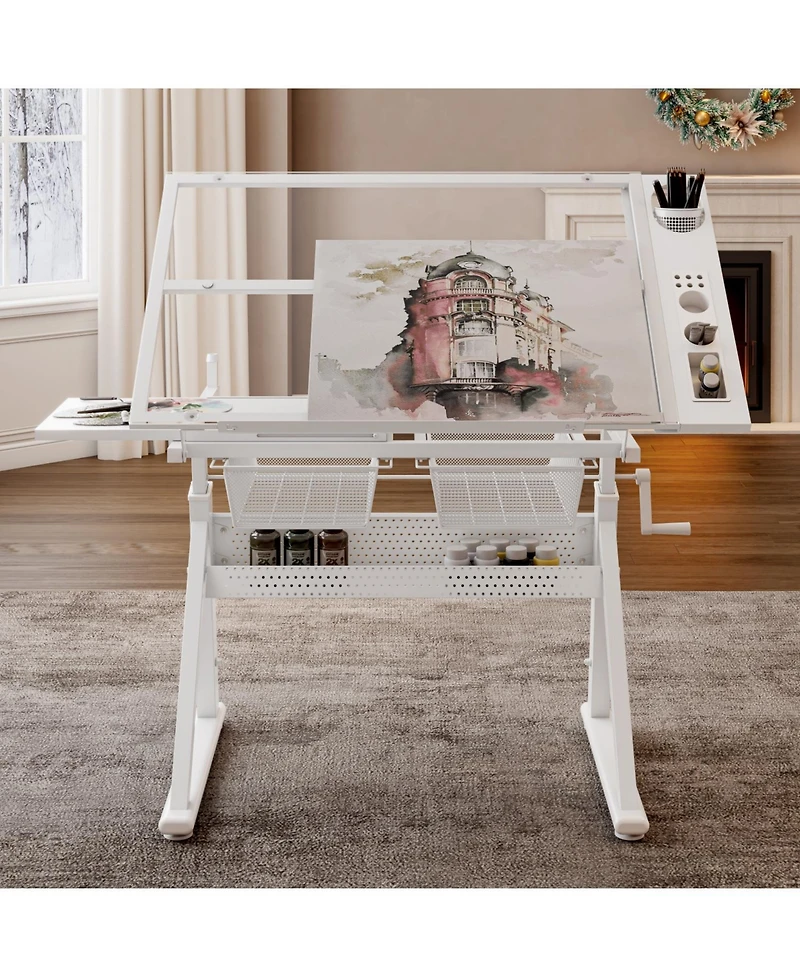 Streamdale Furniture Adjustable Tempered Glass Drafting Table with Chair & Storage