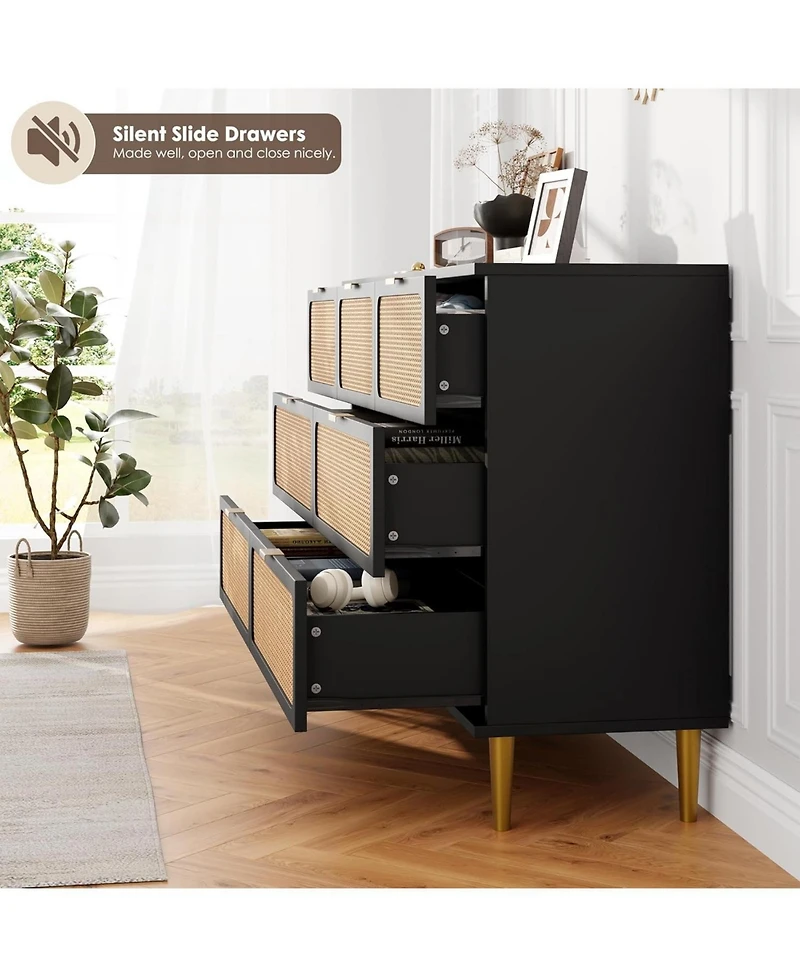 gaomon Rattan 7 Drawer Dresser for Bedroom, Tall Chest of Drawers with Deep Storage and Wide Top, Black