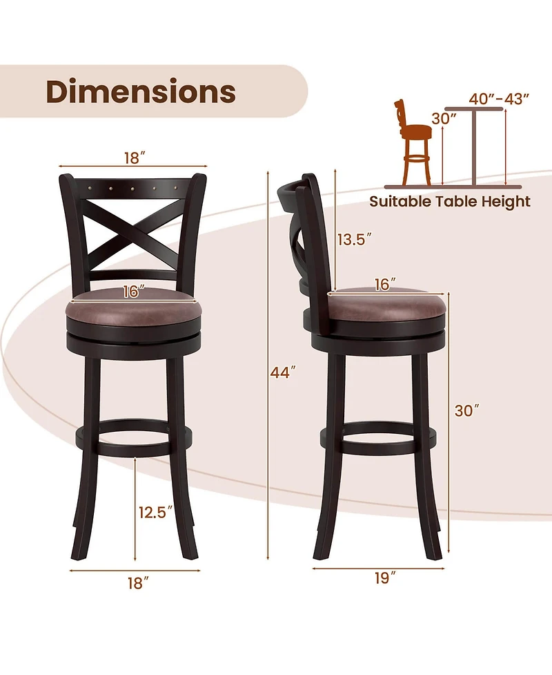 Costway 29" Swivel Bar Stools Footrest & Rubber Wood Frame for Kitchen Island