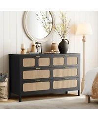 gaomon 6-Drawer Dresser, Rattan Storage Chest with Metal Handles & Wood Legs for Bedroom, Black