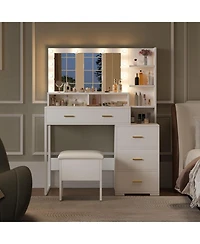 gaomon Vanity Desk with Mirror and Led Lights, Makeup Vanity Table, White