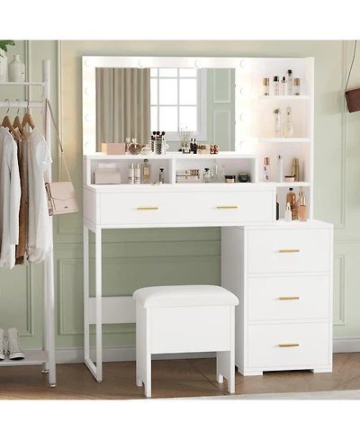 gaomon Vanity Desk with Mirror and Led Lights, Makeup Vanity Table, White