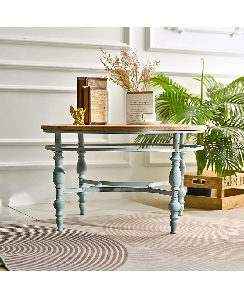 Streamdale Furniture Rustic Wooden Carved Coffee Table with Metal Legs