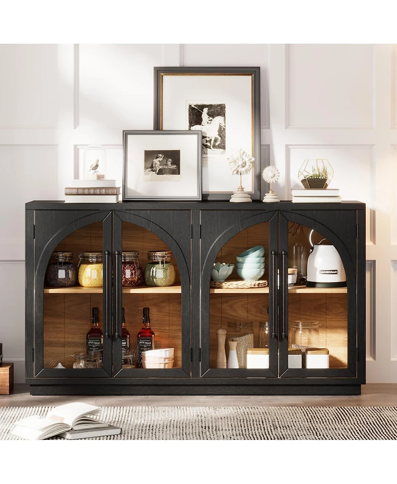 Streamdale Furniture 4-Door Large Storage Sideboard Buffet Cabinet with Glass Doors (Black