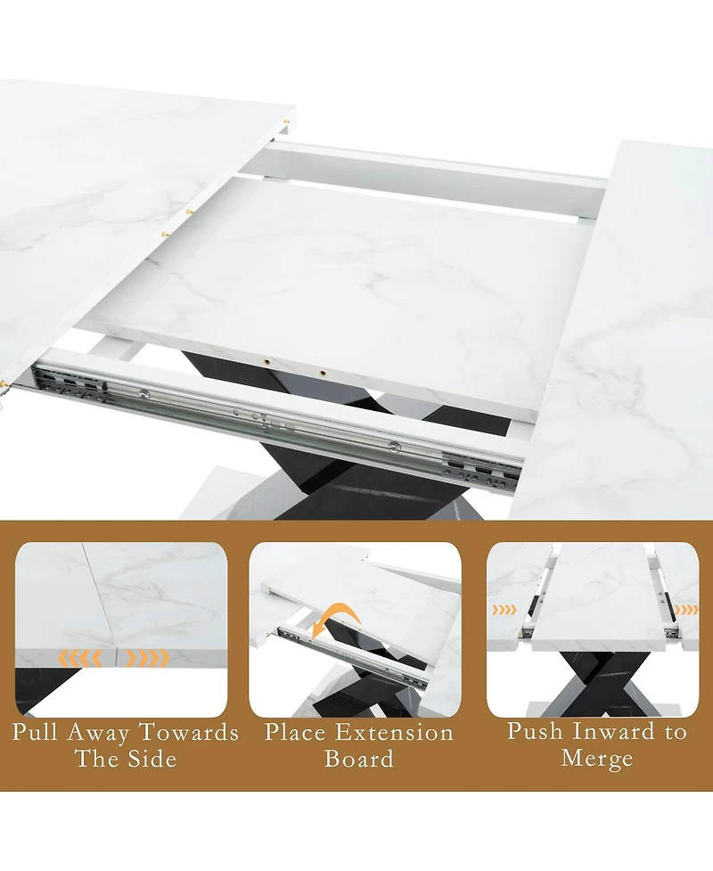 Streamdale Furniture Modern Rectangle Dining Table, Stretchable, Marble Top, X-Shape Leg