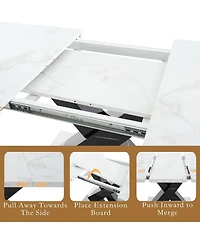 Streamdale Furniture Modern Rectangle Dining Table, Stretchable, Marble Top, X-Shape Leg