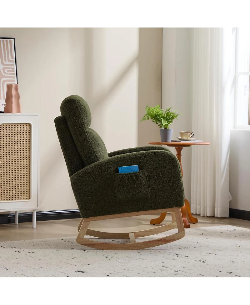 Streamdale Furniture Modern Accent Rocking Chair with Solid Wood Legs & Side Pocket (green, teddy