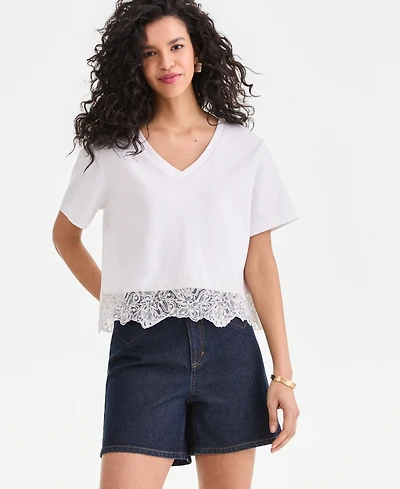 I.n.c. International Concepts Petite Lace-Hem V-Neck Tee, Created for Macy's