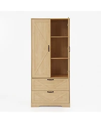 Streamdale Furniture 2-Door Wood Wardrobe with Hanging Rod, 2 Drawers, Mirror & Light