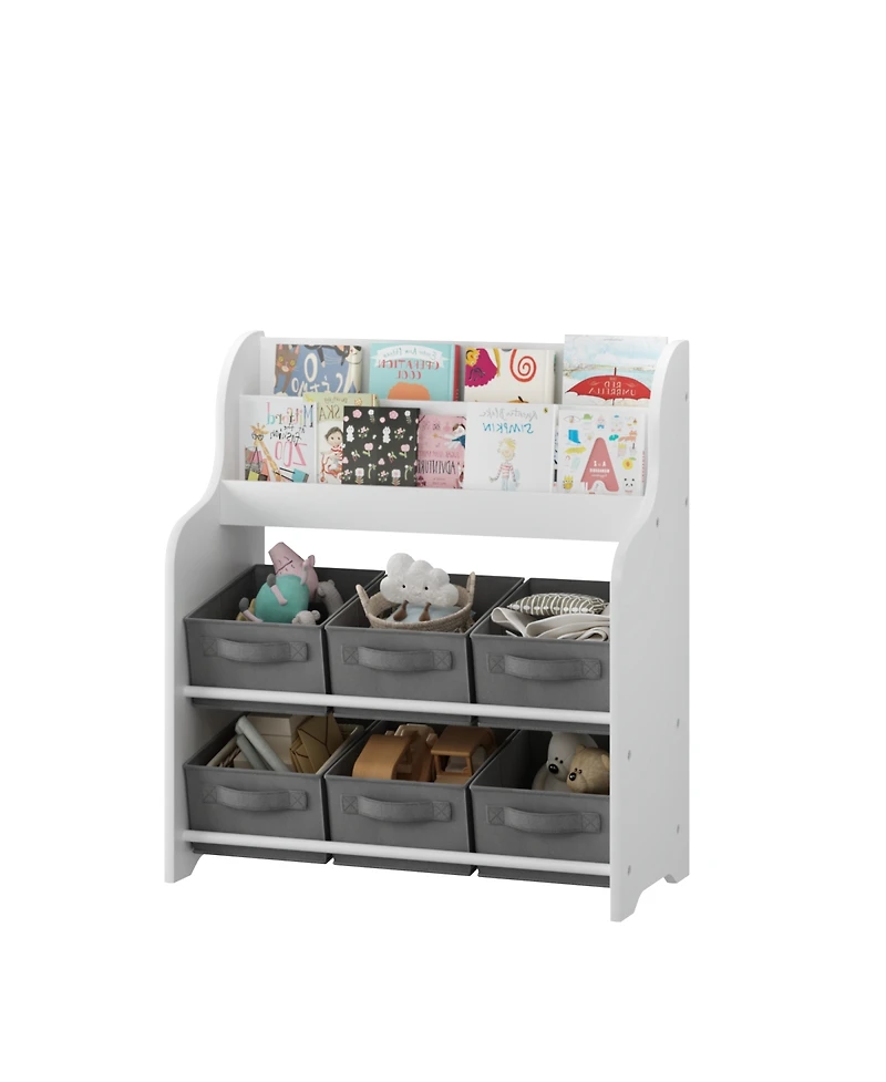 Streamdale Furniture Kids Bookshelf with 6 Fabric Bins, Multi-Functional Bookcase & Toy Organizer - White/Gray