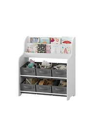 Streamdale Furniture Kids Bookshelf with 6 Fabric Bins, Multi-Functional Bookcase & Toy Organizer - White/Gray