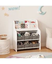 Streamdale Furniture Kids Bookshelf with 6 Fabric Bins, Multi-Functional Bookcase & Toy Organizer - White/Gray