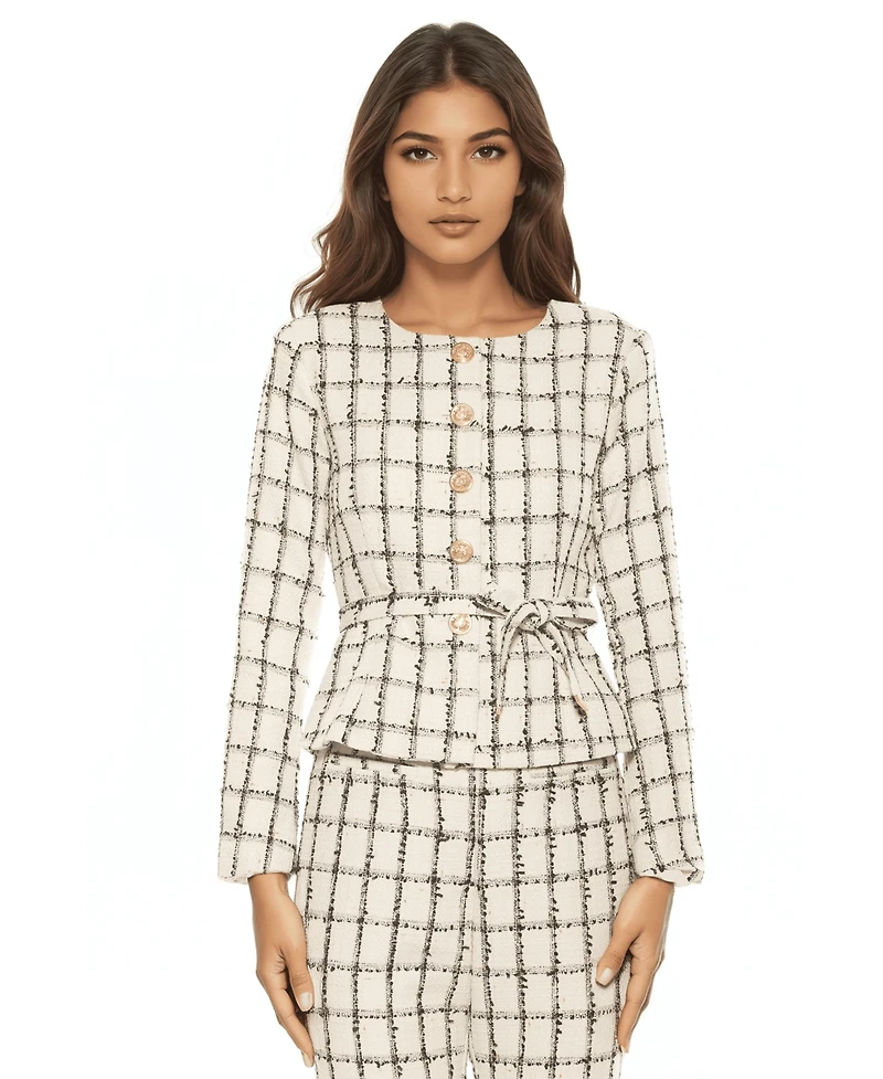 Alexia Admor Women's Arjun Plaid Long Sleeve Scoop Neck Sweater Jacket