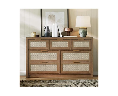 gaomon Rattan 7-Drawer Dresser for Bedroom, Wide Wooden Storage Chest, Brown