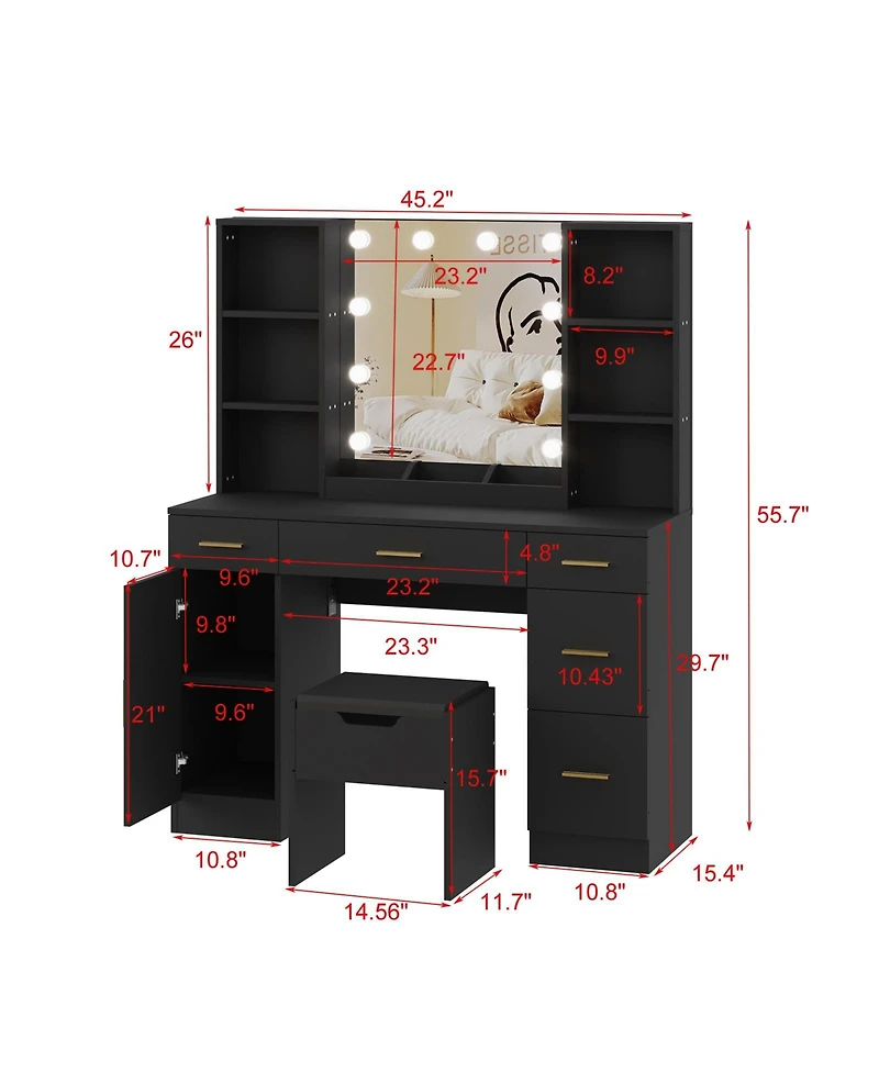 gaomon “Black Led Vanity Desk with Mirror, Adjustable Brightness & Open Shelves”