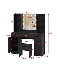 gaomon “Black Led Vanity Desk with Mirror, Adjustable Brightness & Open Shelves”