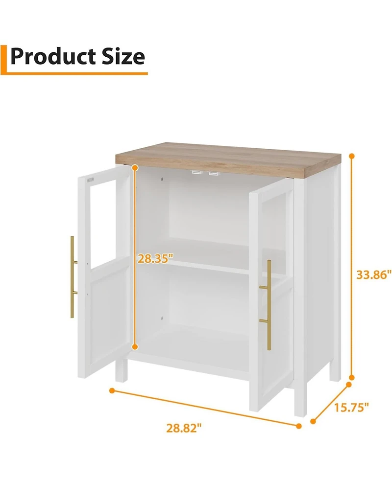 gaomon Sideboard Cabinet with 2 Glass Doors and Drawers, 29" Buffet with Solid Wood Top, White