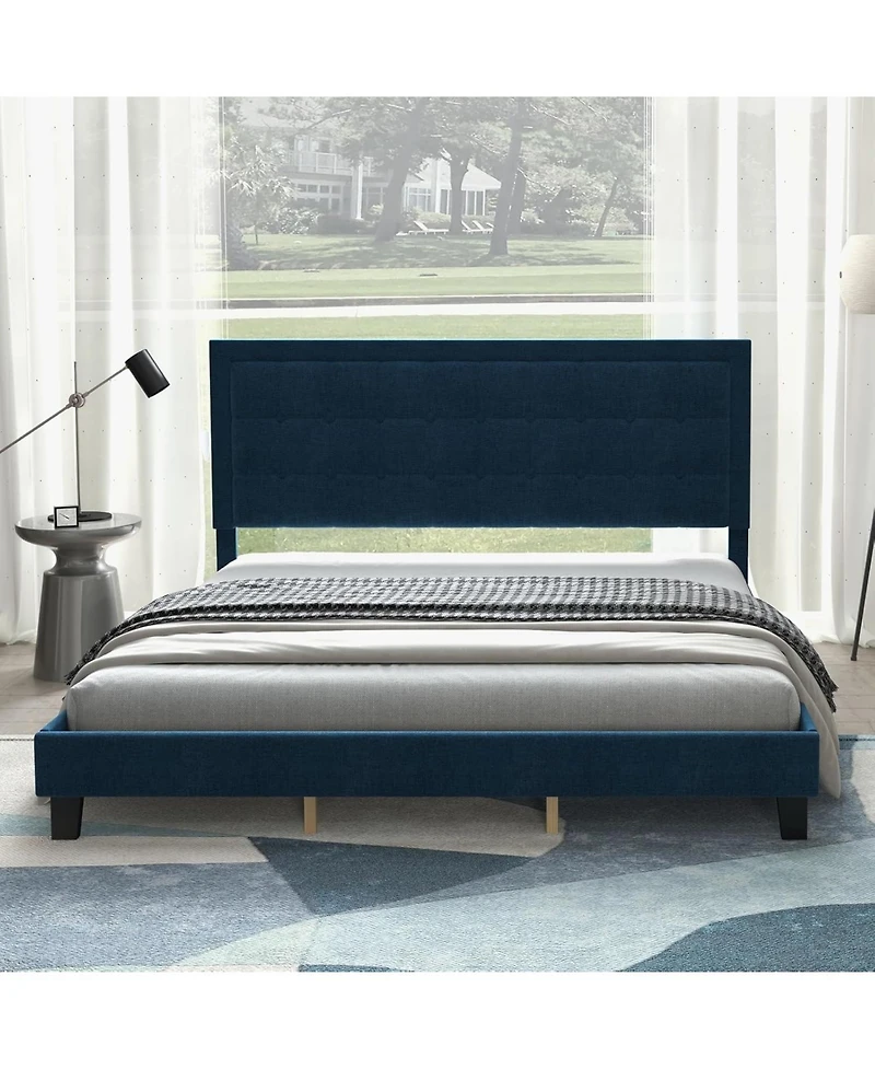 gaomon Bed Frame with Upholstered Button Tufted Headboard - Blue Bed Frame with Wood Slat Support, No Box Spring Needed