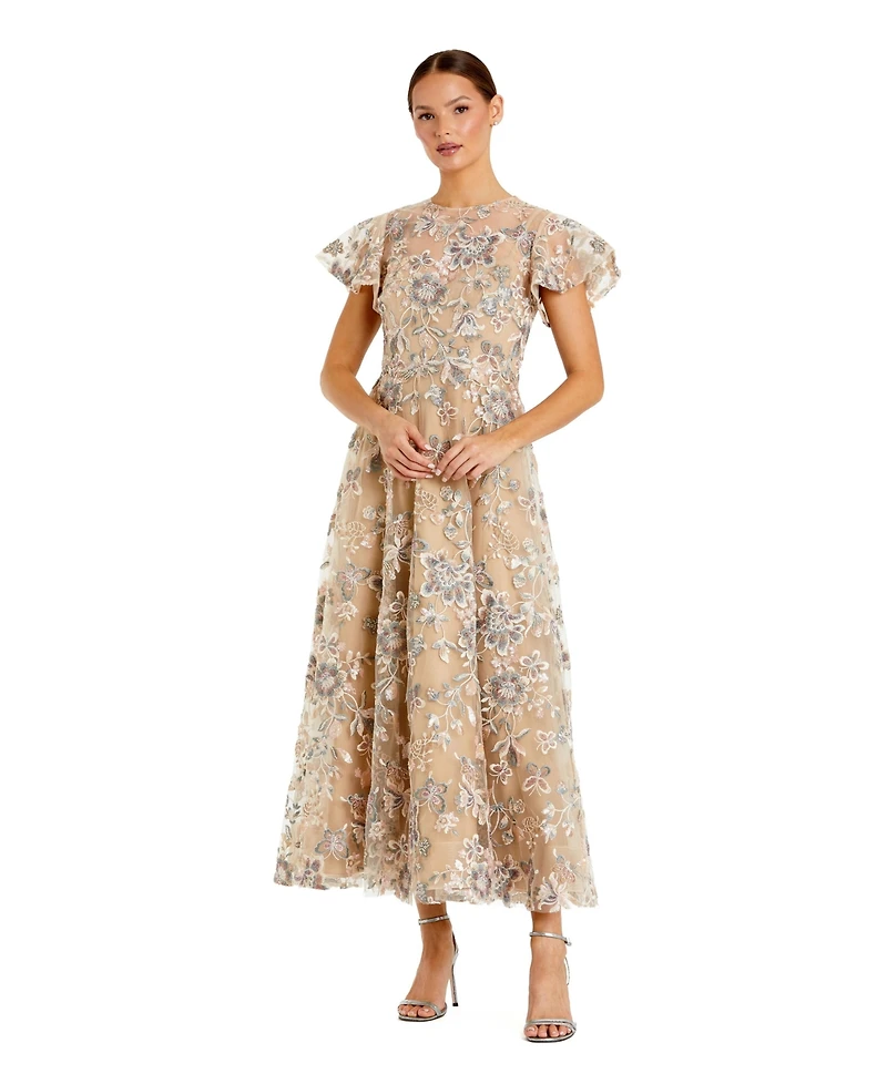 Mac Duggal Women's Embroidered Floral Mesh A-Line Midi Dress