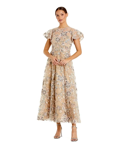Mac Duggal Women's Embroidered Floral Mesh A-Line Midi Dress