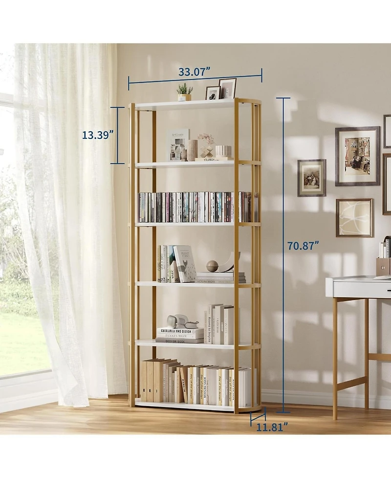 gaomon 6-Tier Wooden Bookshelf, 71" Industrial Tall Bookcase with Metal Frame for Living Room & Office