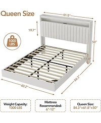 gaomon Full Floating Bed Frame with Led Lights & Charging Station, Upholstered Pu Leather Platform Storage Headboard