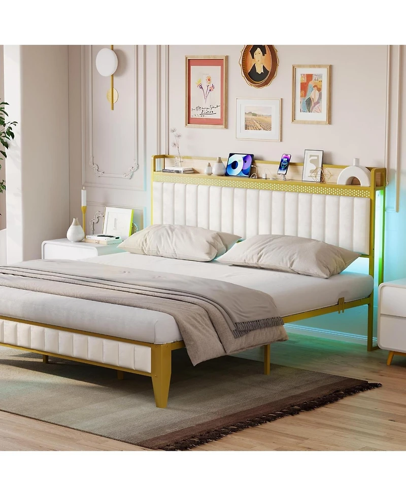 gaomon King Size White Led Bed Frame with Charging Station and Storage Headboard, Faux Leather Upholstered Metal Platform Bed, Usb Port