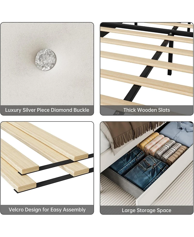 gaomon Full Size Bed Frame, Upholstered Platform Bed Frame with Trundle and 4 Storage Drawers, Bed Frame with Diamond Tufted Headboard