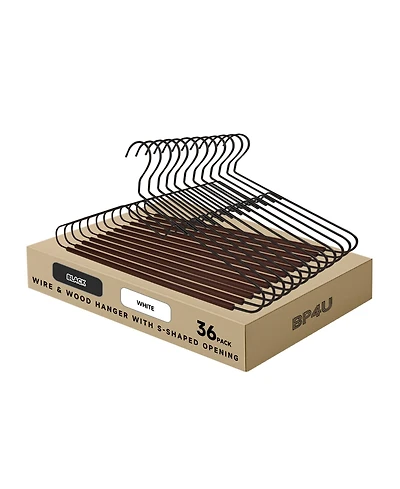 BP4U 36-Pack S-Shaped Opening Metal Hangers with Wooden Pants Bar, Wire Beech Wood Trouser Bar for Sweaters, Jackets, Jeans, T-Shirts