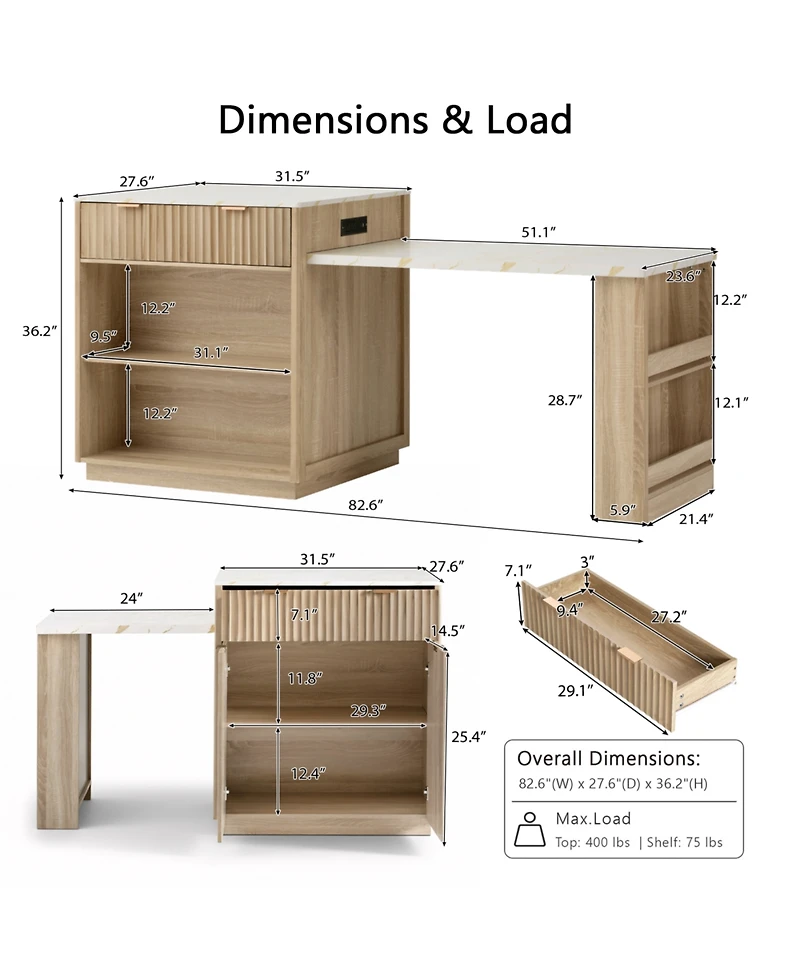 Streamdale Furniture Fluted Kitchen Island with Extendable Dining Table, Power Outlet & Storage