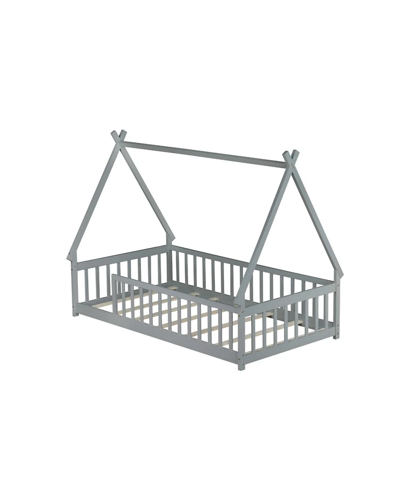 Streamdale Furniture Twin Tent-shaped Floor Bed, Teepee Bed with Guardrails, Slats