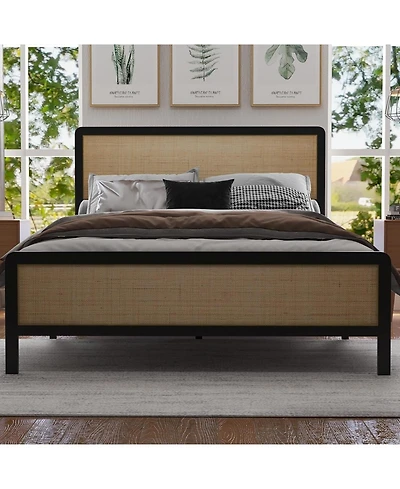 gaomon Rattan Queen Bed Frame, Boho Bed Frame with Headboard & Footboard, Bed Frame with Strong Metal Slat, Noise Free, No Box Spring Needed.