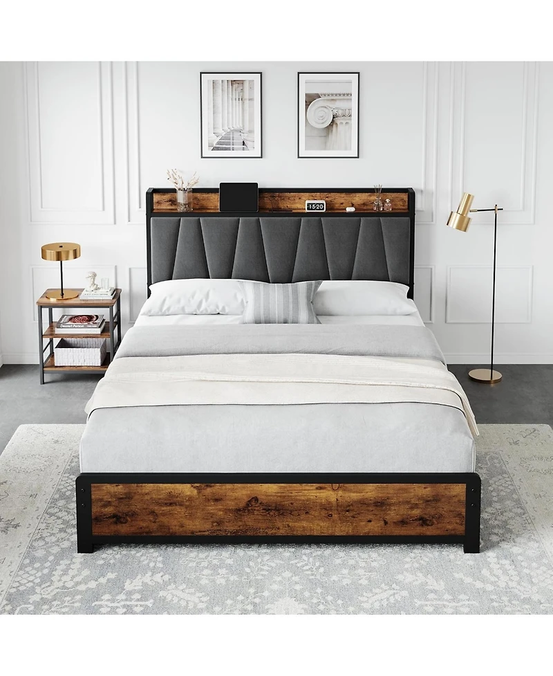 gaomon Bed Frame with Storage Linen Upholstered Headboard, 4 Drawers Platform Bed Frame with Charging Station