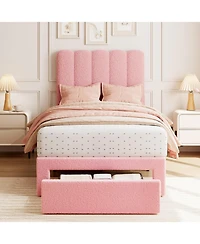 gaomon 2 Sets Twin Bed Frame with Under-Bed Drawer, Upholstered Platform Bed with Wave Headboard for Kids/Girls, Wooden Slats Support