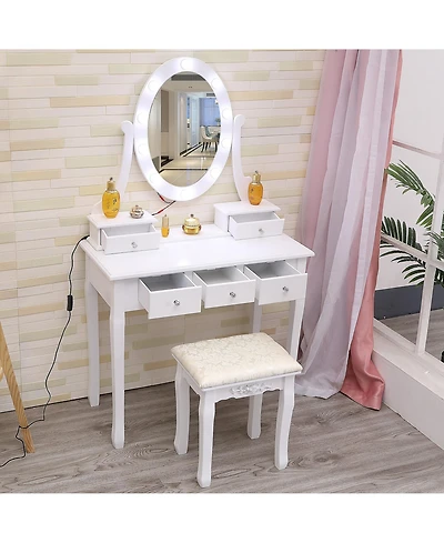 gaomon Vanity Desk with Mirror and Lights, Wood Makeup Dressing Table with Stool and 5 Drawers
